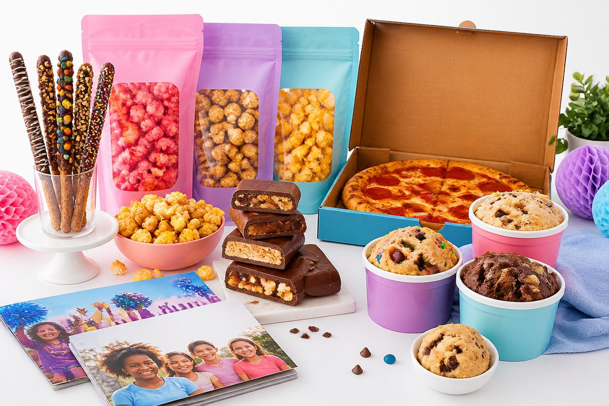 A colorful display of fundraising products including chocolate, popcorn, cookie dough, pretzel rods, and pizza